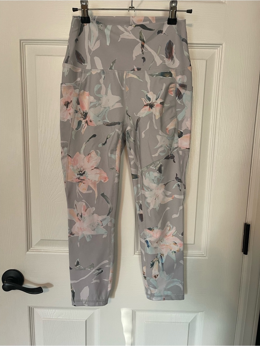RBX Gray Floral High-Waist Leggings with Pink Accents
